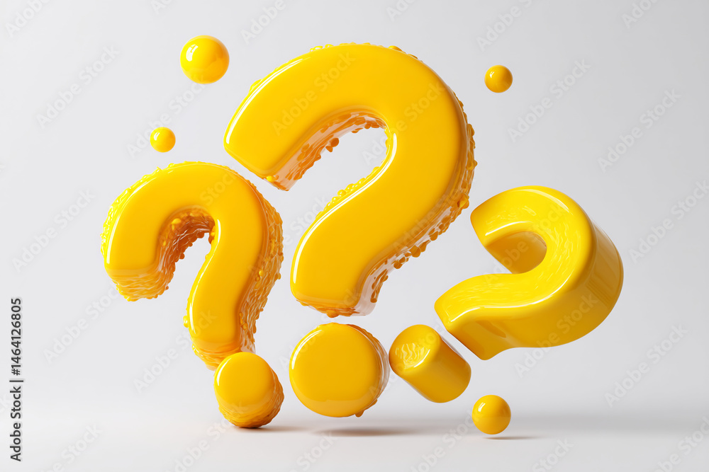 Poster Three glossy yellow question marks with small spheres, creating a playful and inquisitive 3D design, suitable for inquiry, question, or FAQ concepts