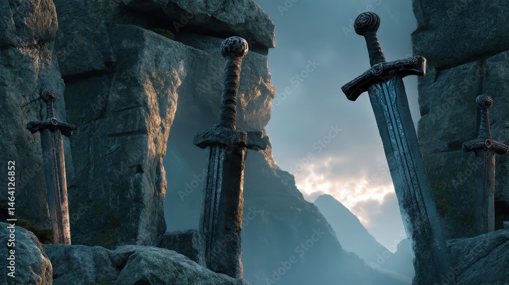 Poster ancient swords embedded in stone seamless pattern design for use