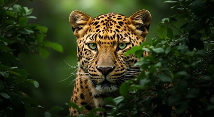Leopard Staring From Greenery Jungle Animal Close Up