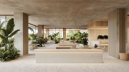 Fototapeta premium Serene Tropical Lobby with Textured Ceiling and Lush Greenery