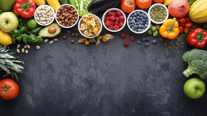 Healthy eating ingredients: fresh vegetables, fruits and superfood. Clean eating and detox. Nutrition, diet, vegan food.