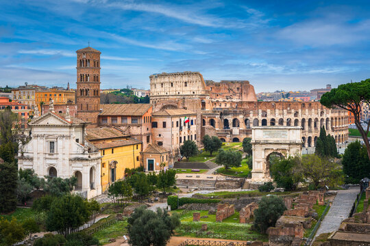 Colosseum and Roman Forum in Rome, Italy on a sunny day