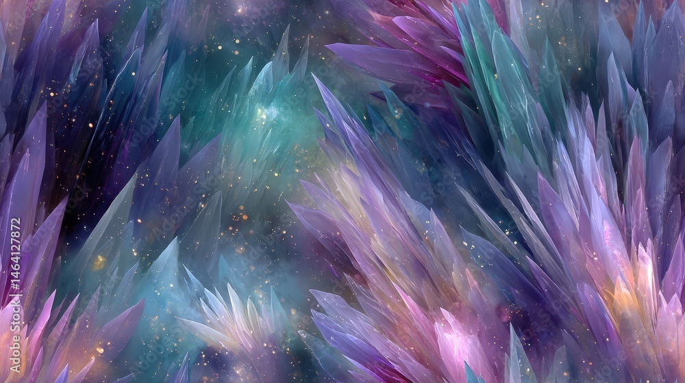 Wall mural seamless pattern of radiating crystal shards with cosmic background
