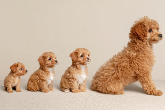Adorable puppy dog growth stage timeline development comparison showing size
