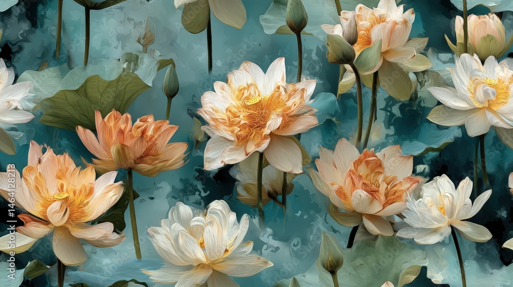 Poster seamless pattern of floating lotus blooms on turquoise background