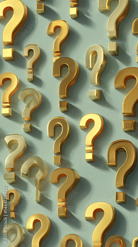Poster Golden question marks scattered on a light-green background, creating a texture of inquiry and uncertainty, representing doubt, questions, or the search for answers