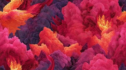 Obraz premium Vibrant Seamless Pattern of Phoenix Feathers in Fiery Hues