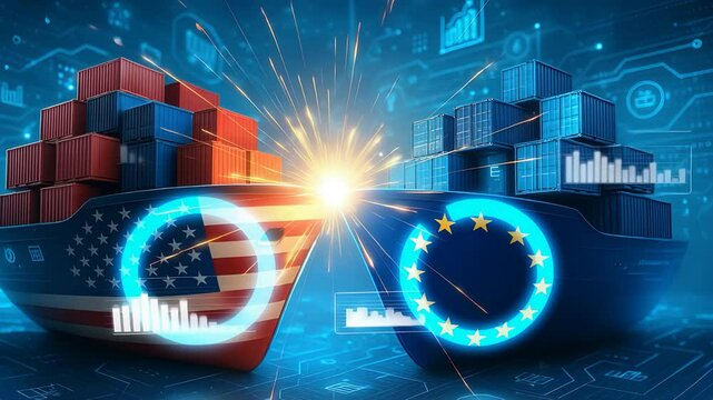 Cargo Ships with USA and EU Flags Colliding with Data Visuals Representing Trade War, Export Conflict and Economic Tension

