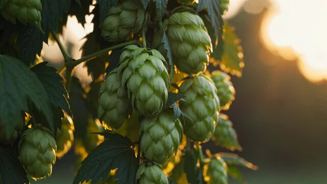 Close-up Ripe Green Hops Cones on Vine - Beer Brewing Ingredient. God rays, sunlight in golden hour