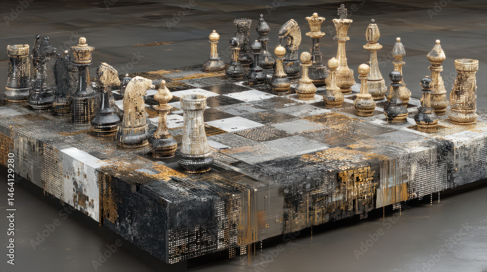 Poster chessboard transforms into flowing data symbols representing strategic thought in a digital landscap