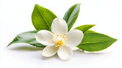 Obraz premium White Jasmine Blossom with Green Leaves Close-up Still Life Photography