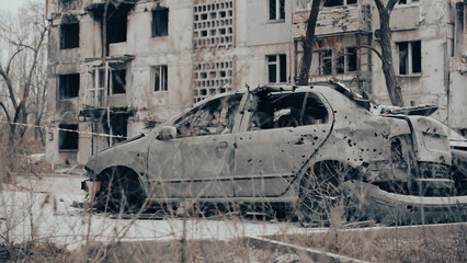 ruined street and destroyed houses the city war in Ukrain