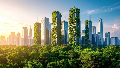 Eco-friendly Cityscape with Green Buildings and Renewable Energy