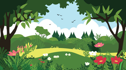 Vector illustration of a sunny meadow with colorful flowers, green trees and flying birds in a flat design style