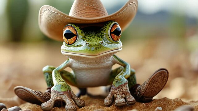 Charming cowboy frog with a hat and boots in a desert setting.