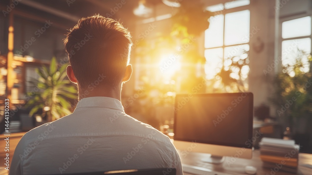 Poster businessman working at sunny office with computer. blurred background with copy space