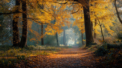 Autumnal Path: A sunlit path winds through a mystical autumn forest, where golden leaves carpet the ground and sunlight streams through the vibrant foliage.