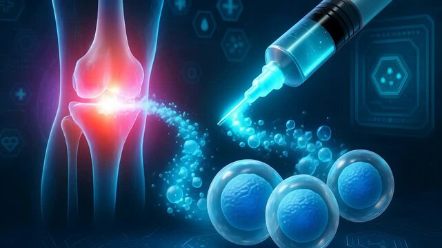 Injection Delivering Glowing Substance to Painful Joint with Cells Representing Stem Cell Therapy and Regenerative Treatment

