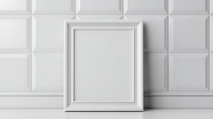 Fototapeta premium Empty white picture frame leaning against patterned wall