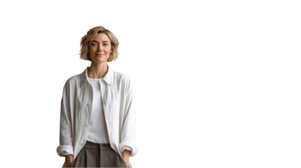 Portrait of a smiling young woman with short blonde hair wearing a stylish white oversized shirt and on transparent background