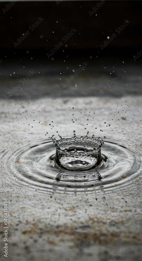 Poster water drop impact creating circular ripples on gray surface