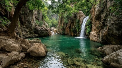 Naklejka premium Serene Crystal Clear Waterfall Tumbling into Lush Green Paradise