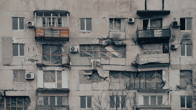 ruined street and destroyed houses the city war in Ukrain