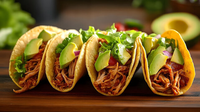 A close-up of flavorful pulled pork tacos with avocado and lettuce, elegantly arranged on a wooden table. The high-resolution photo captures every detail and vibrant color, ideal for National Taco Day - Powered by Adobe