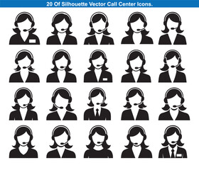 Twenty Call Center Agent Silhouettes Icons vector collection.