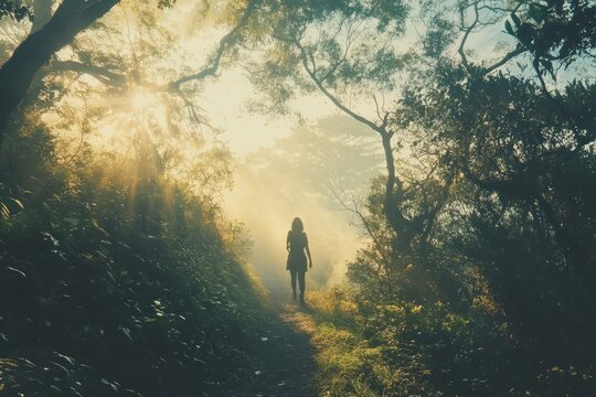 early morning forest with mist and sunlight, one person on quiet path, solitude and reflection