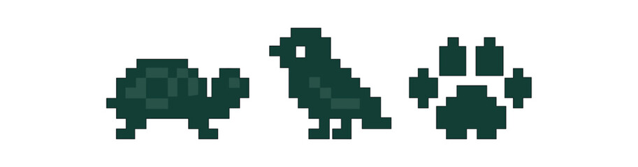 Pixel art symbols of turtle, bird, and paw on gradient background