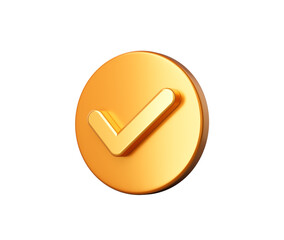 3d Golden checkmark symbol on a circular icon, symbolizing approval, success, or completion, 3d illustration