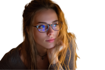 Portrait of a young woman with long blonde hair wearing stylish glasses in a dark setting girl eyes face on transparent background