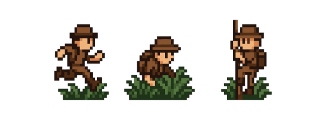 Pixel art adventure characters in action poses with hats and greenery