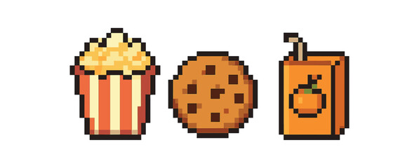 Pixel art snack trio: popcorn, cookie, and orange juice box on yellow background