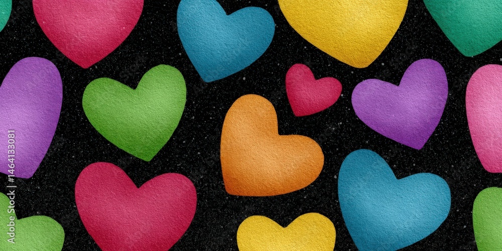Poster colorful hearts in various shapes and sizes painted on a dark background capturing a playful and vib