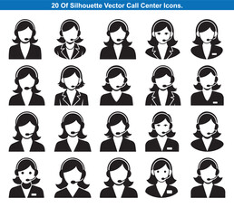 Twenty Call Center Agent Silhouettes Icons vector collection.