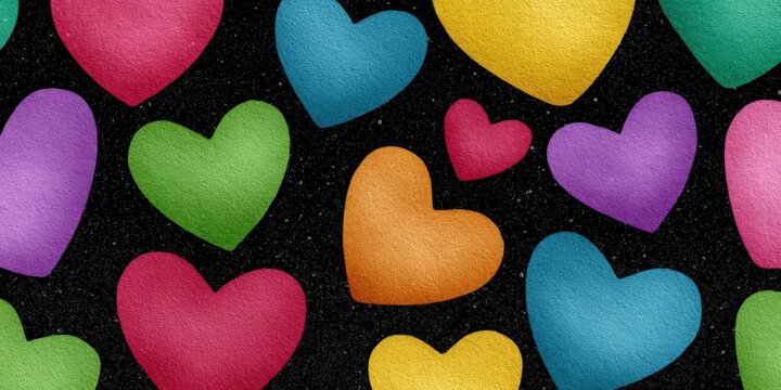 Colorful hearts in various shapes and sizes painted on a dark background capturing a playful and vibrant artistic concept expressing love and joy through whimsical design elements