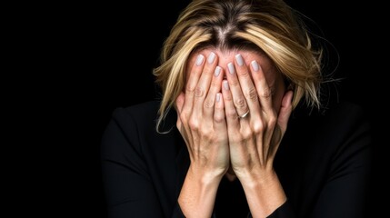 Fototapeta premium Woman covering her face with hands, expressing deep emotions and vulnerability