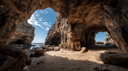 Ancient Caves Carved by Tides in Scenic Coastal Background