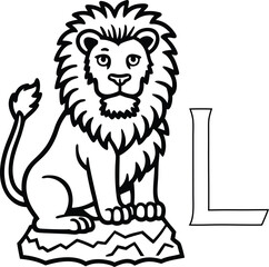 L for Lion Coloring Page, A proud lion with a fluffy mane sitting on a rock.