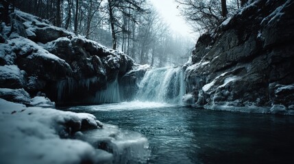 Icy Waterfall Crashing into a Frozen Pool Surrounded by Snowy Nature