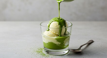 A creamy matcha affogato poured over vanilla ice cream 