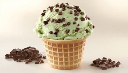 Refreshing Mint Chocolate Chip Ice Cream in Waffle Cone on White Background with Chocolate Shavings