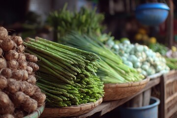 Fresh Vegetable Market: Taro Root, Asparagus, & Green Vegetables in Baskets. Farm to Table Produce, Local Organic Food, Close-up Photo