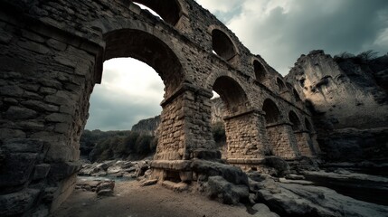 Naklejka premium Crumbling Ancient Aqueduct in a Dramatic Landscape Scene