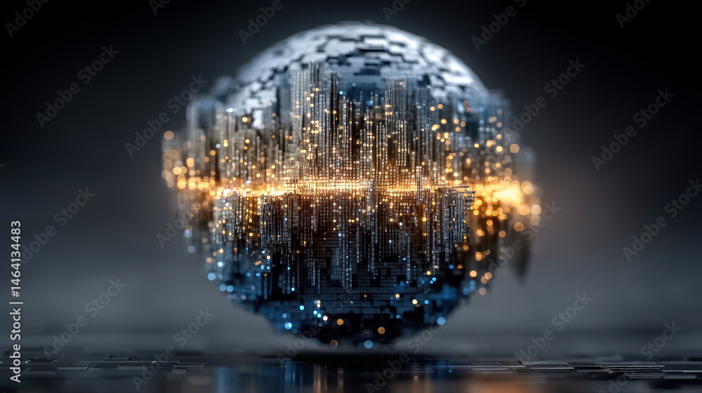 Poster floating sphere of shifting digital numbers represents ai consciousness in abstract form