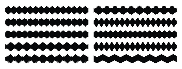 Scalloped edge seamless set. borders line set. Simple scalloped border. Repeat cute vintage frill ornament and ribbons. Scallop fabric border. Lace line edge for frame Vector illustration.