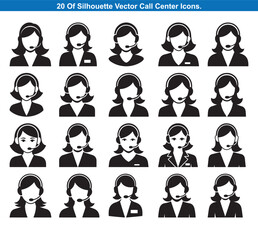 Twenty Call Center Agent Silhouettes Icons vector collection.