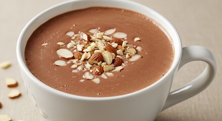 A creamy almond hot chocolate topped with toasted almond slivers
